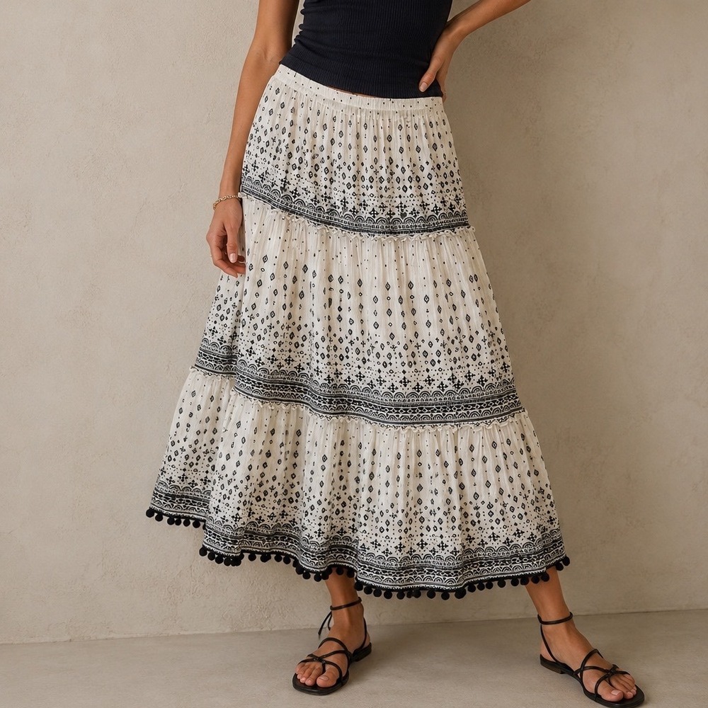 Style & Co Maxi Skirt Women XS White Blue Tiered Pom Pom Boho Peasant Festival